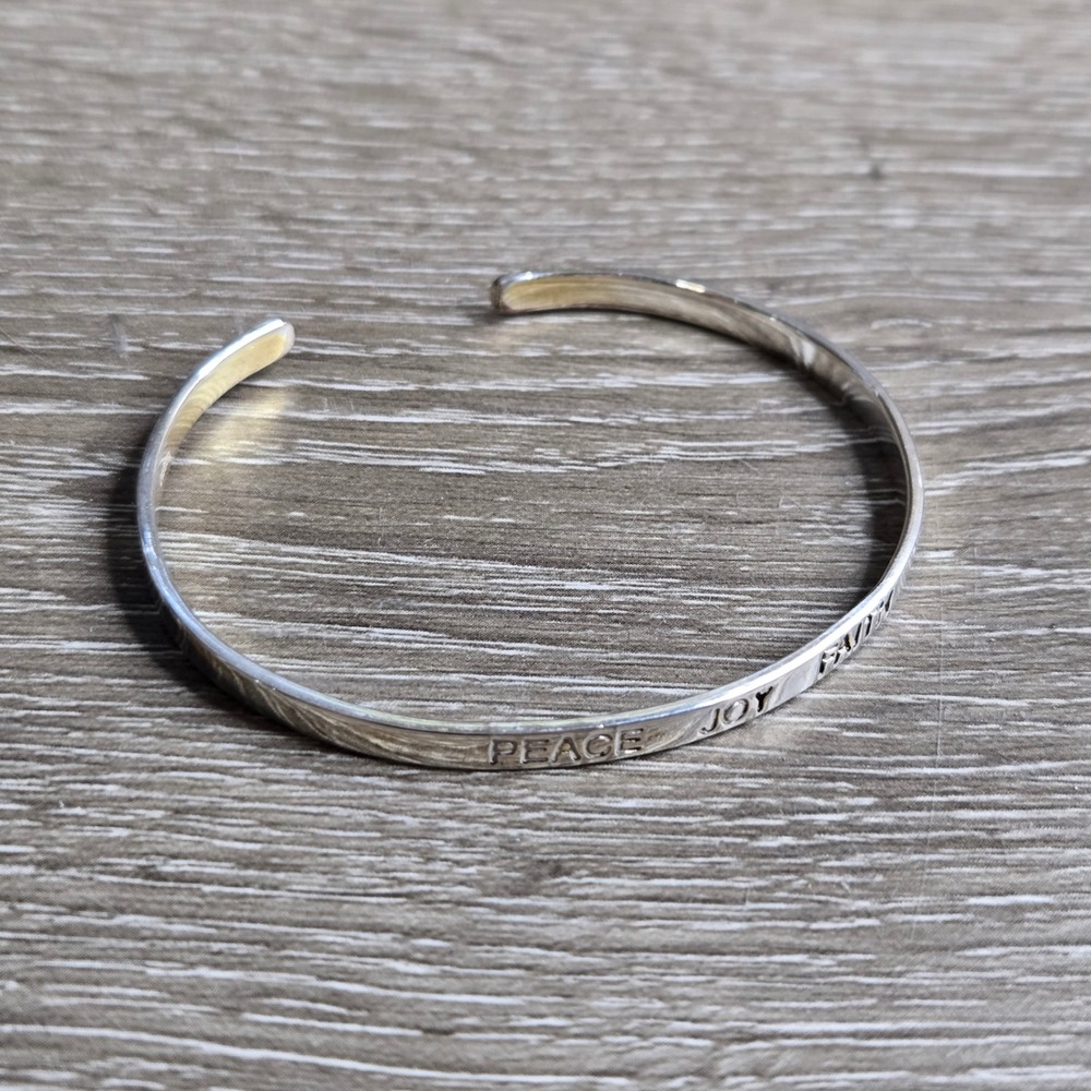 925 Sterling Silver Peace Joy Faith Engraved Cuff Bracelet Inspirational 6"